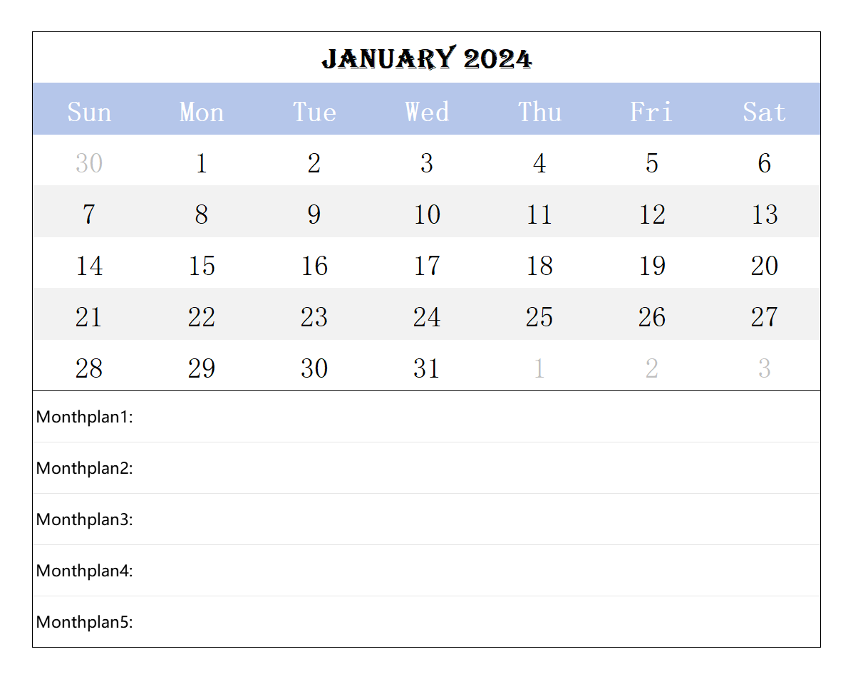 2024 January calendar