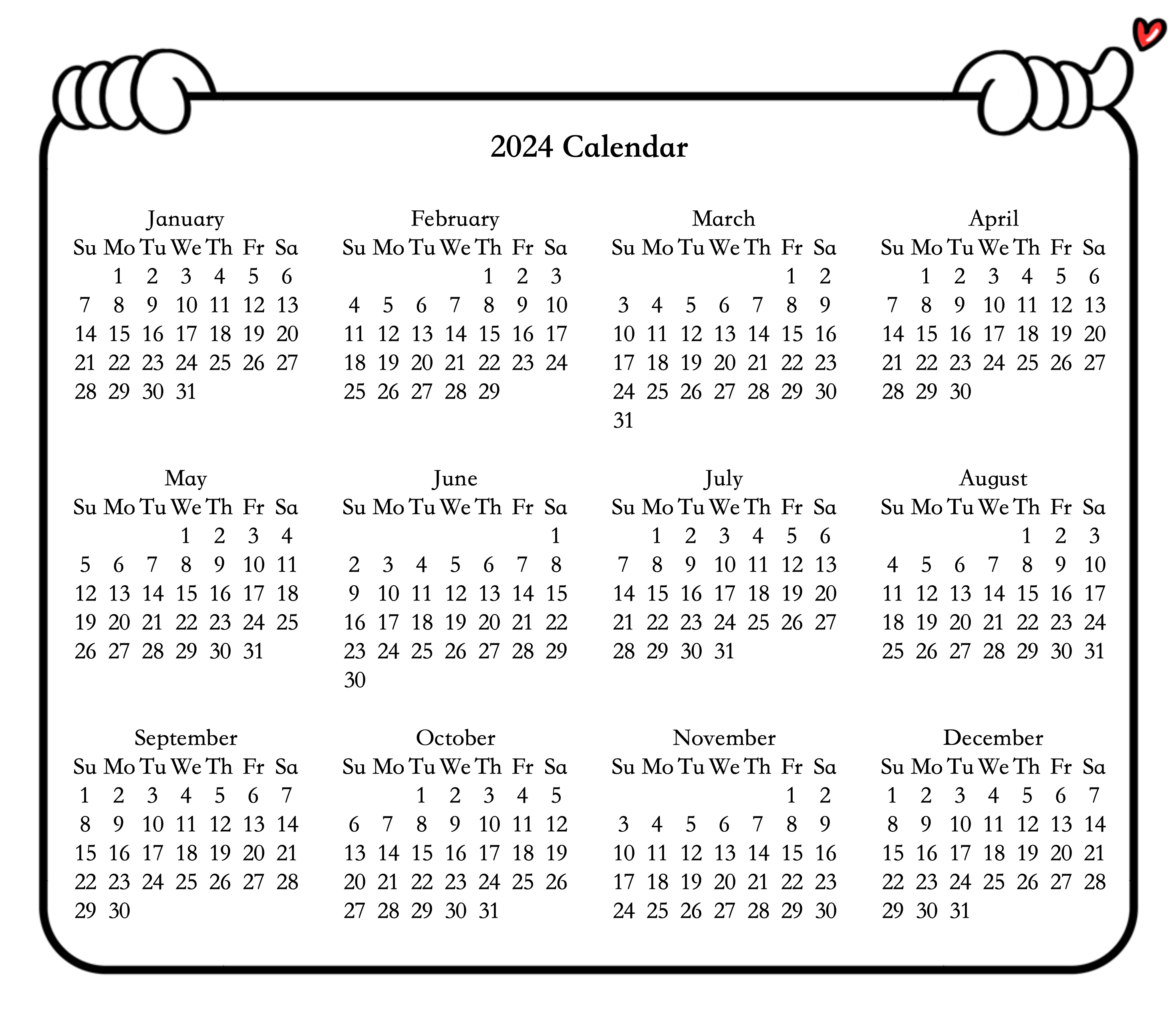 2024 calendar template black and white