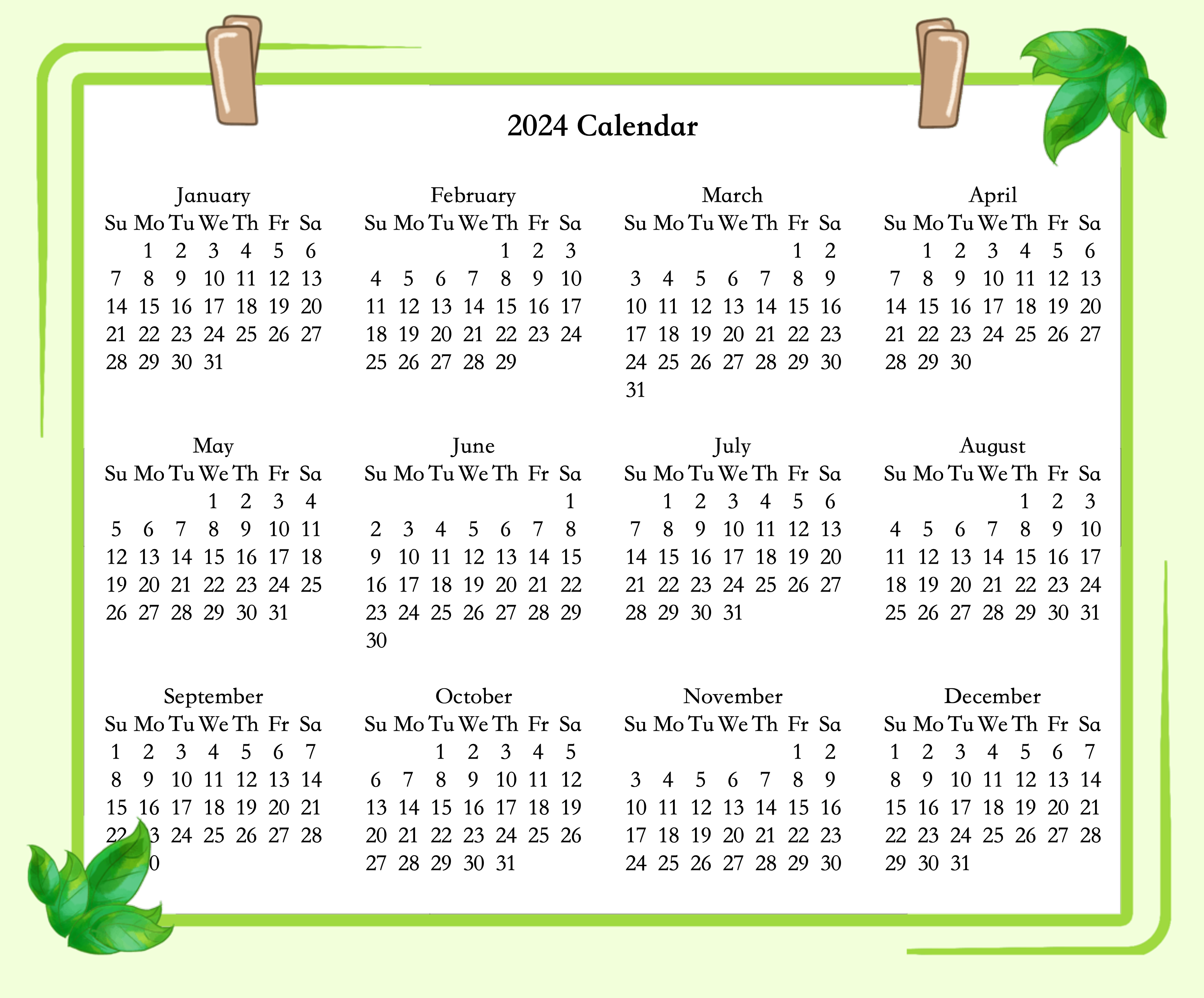 2024 calendar template green tree