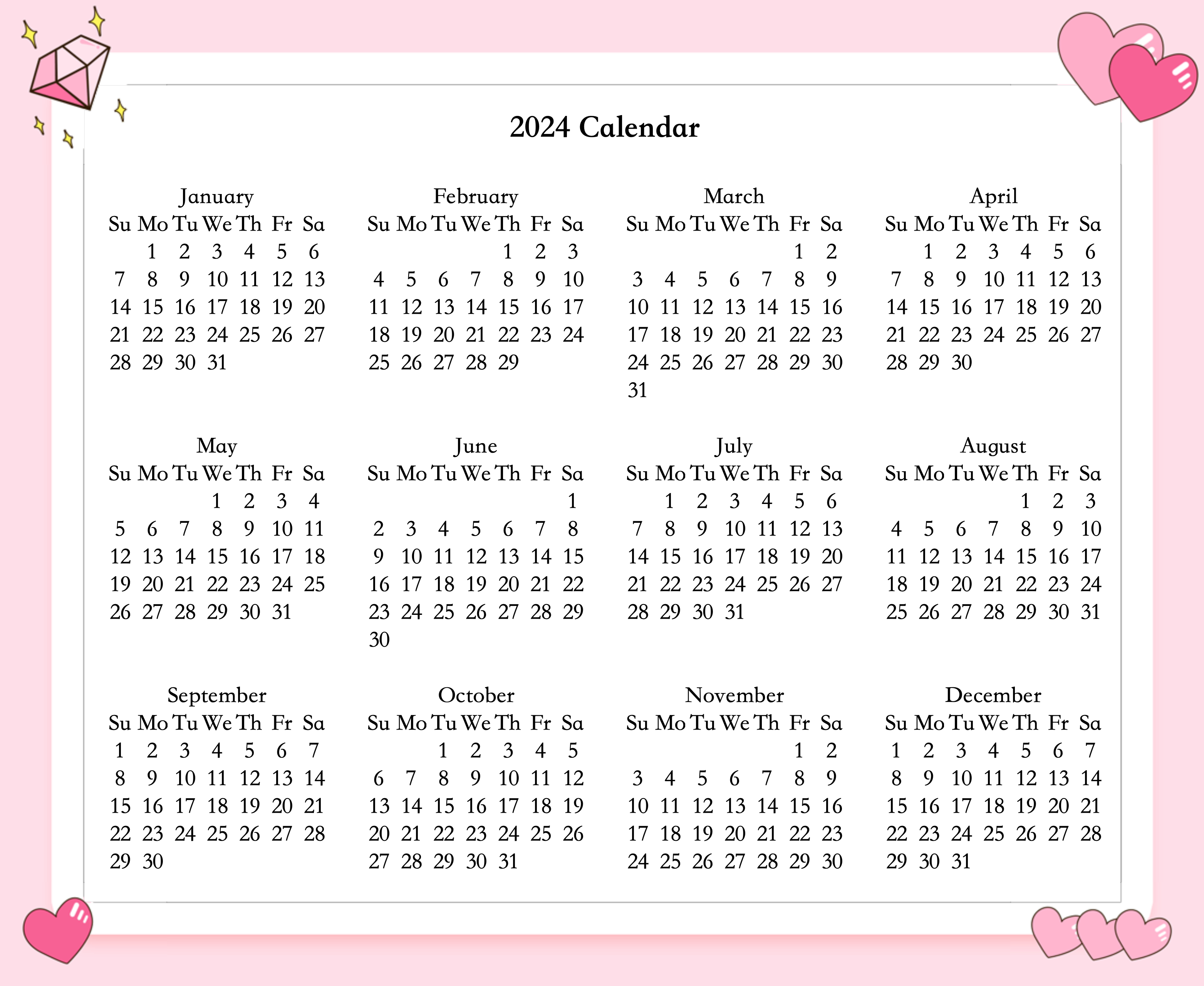 2024 calendar template pink heart