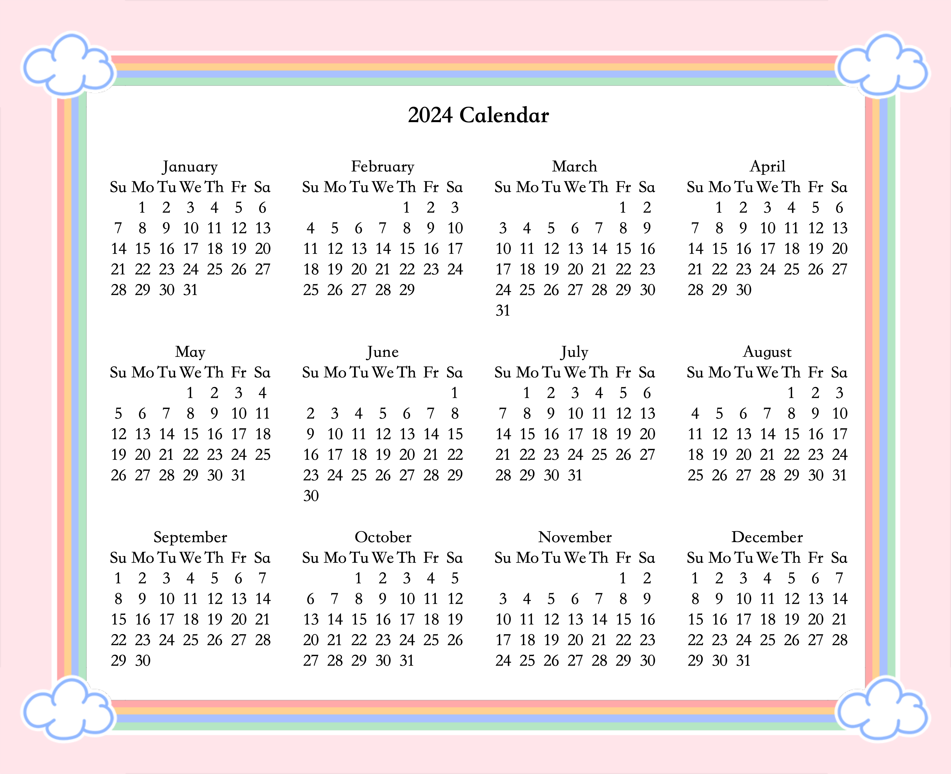 2024 calendar template rainbow cloud