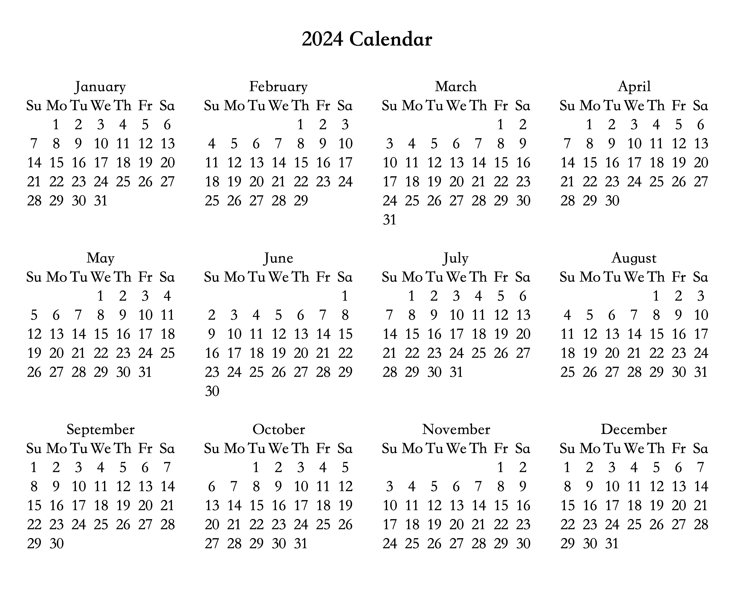 2024 calendar template regular