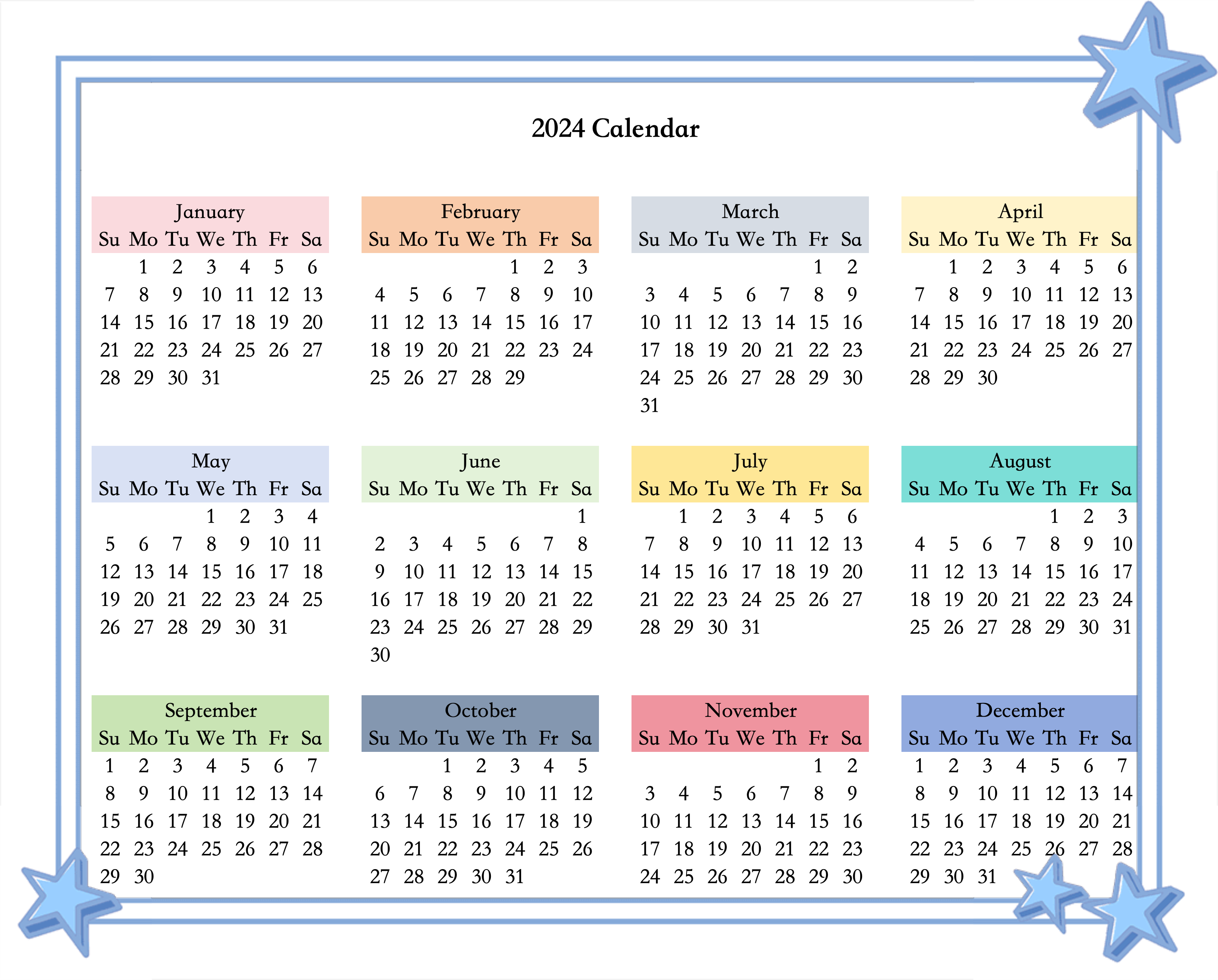 2024 calendar template blue star