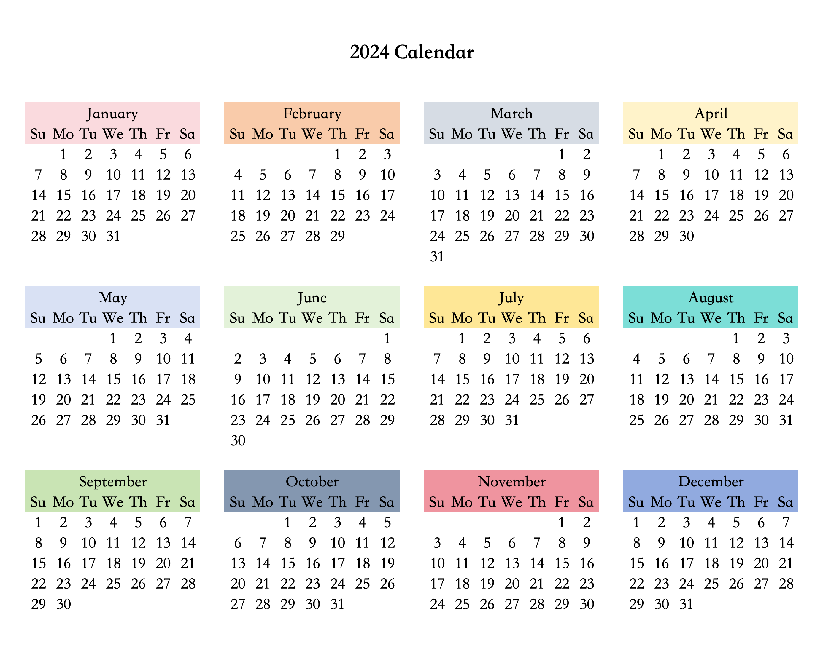 2024 calendar template cloorful