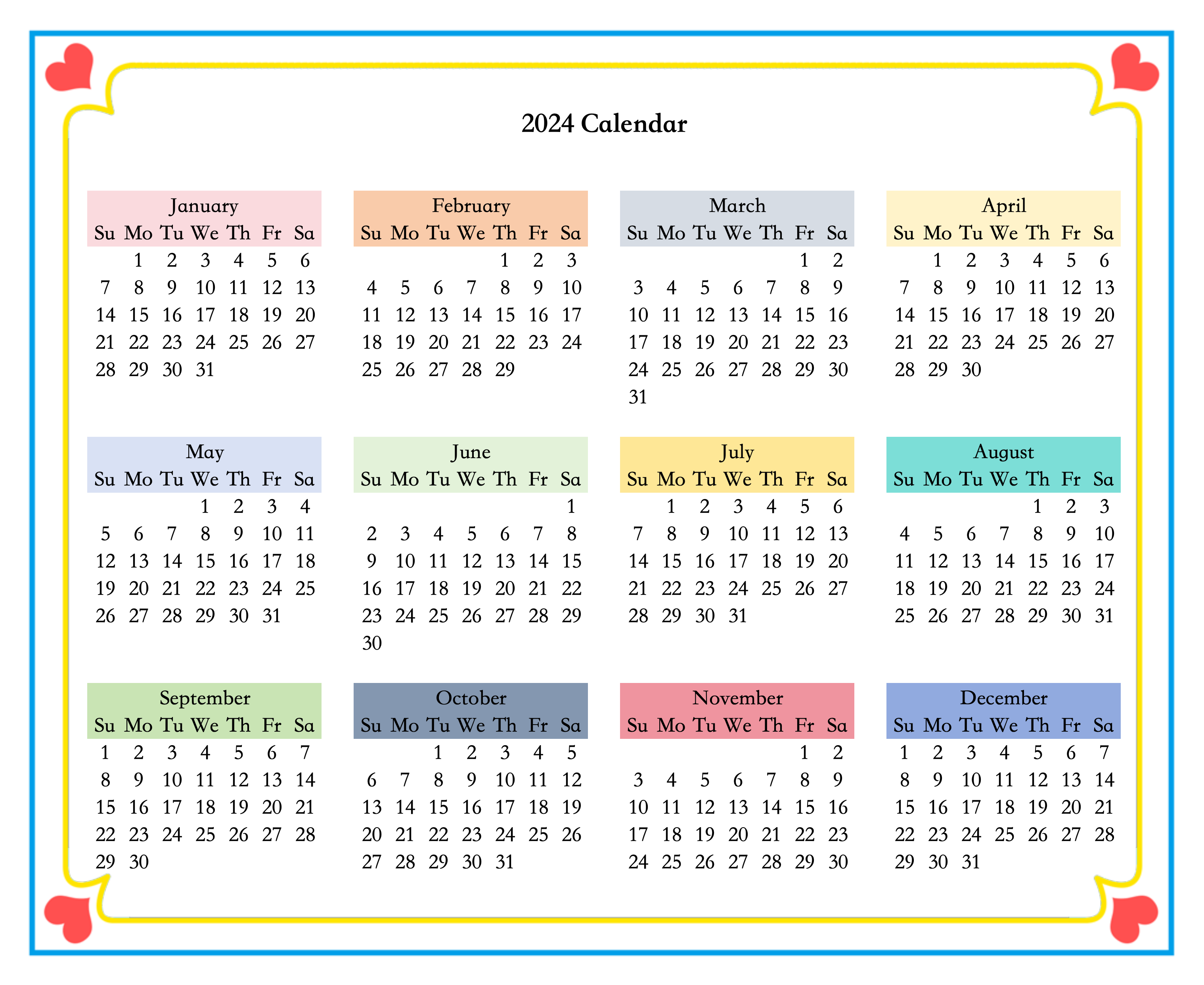 2024 calendar template hearts