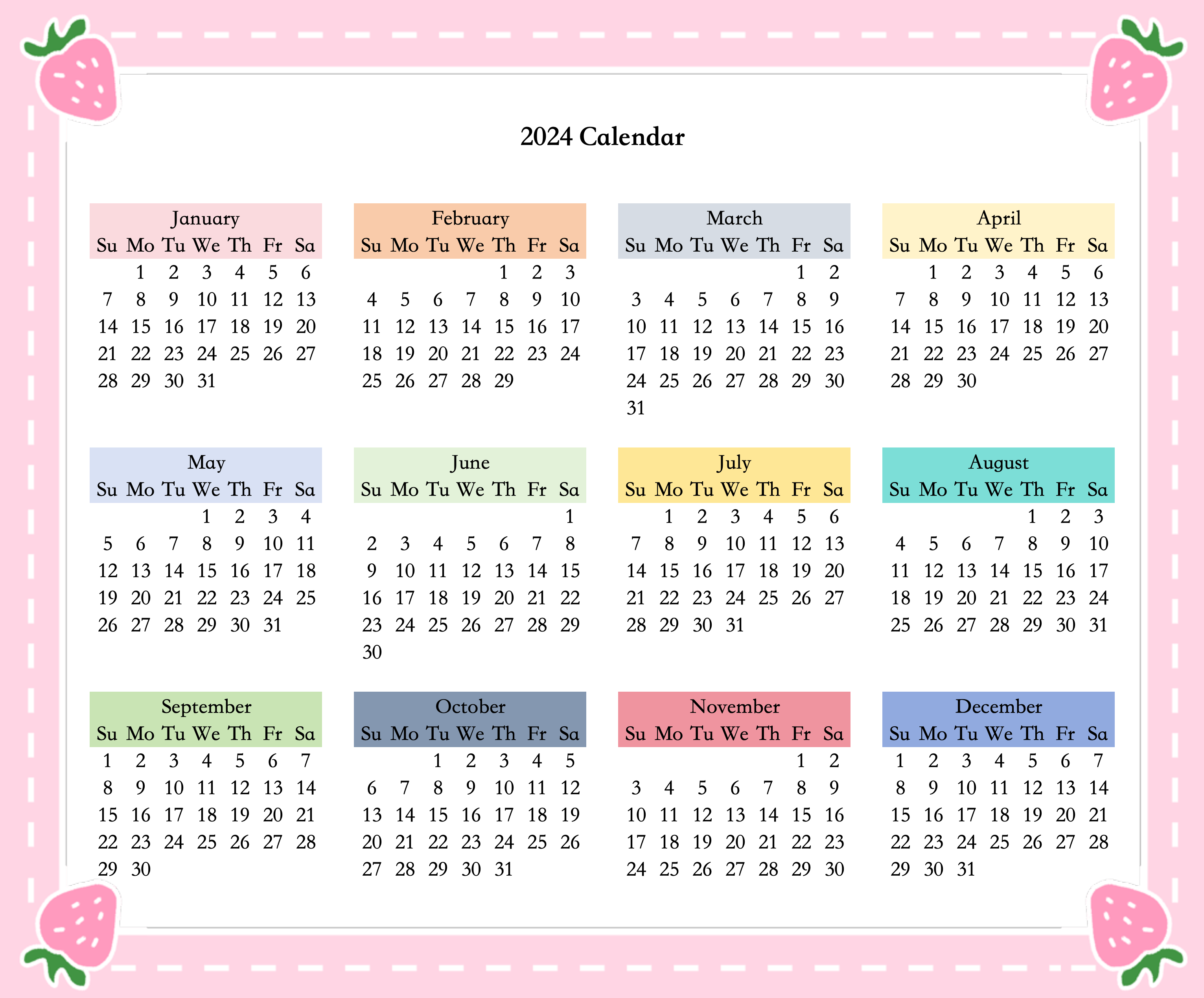 2024 calendar template pink strawberry