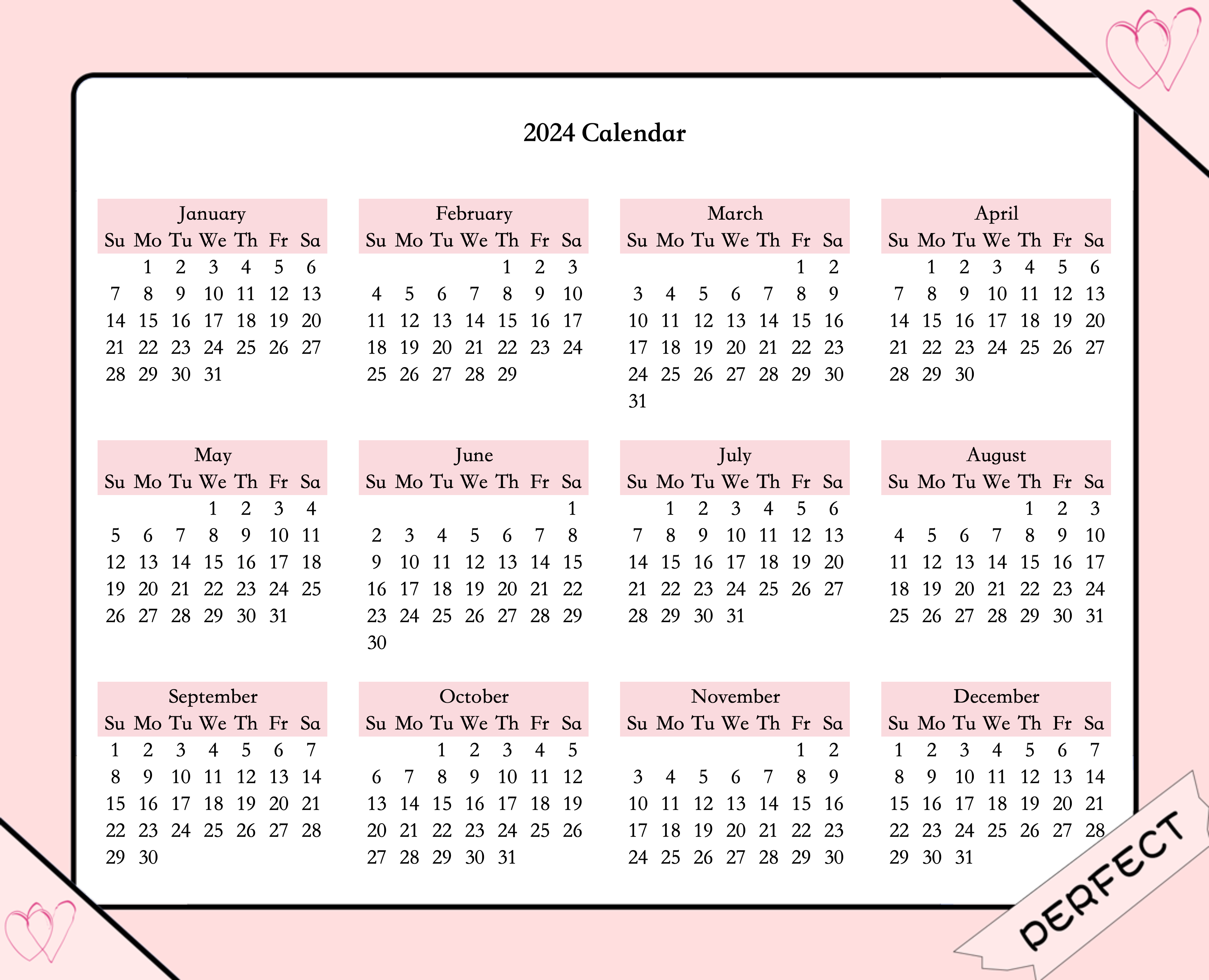 2024 calendar template perfect pink love