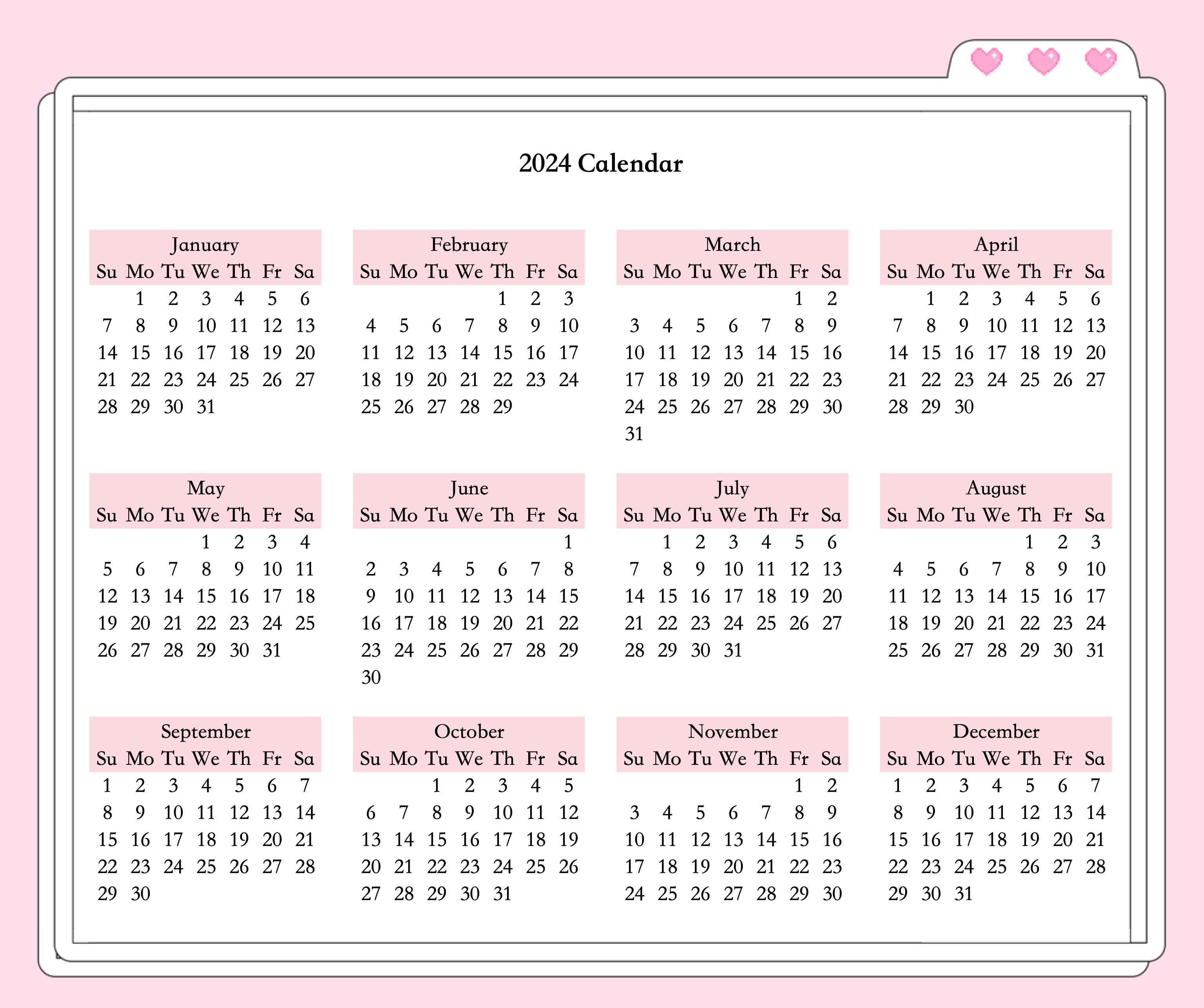 2024 calendar template pink hearts