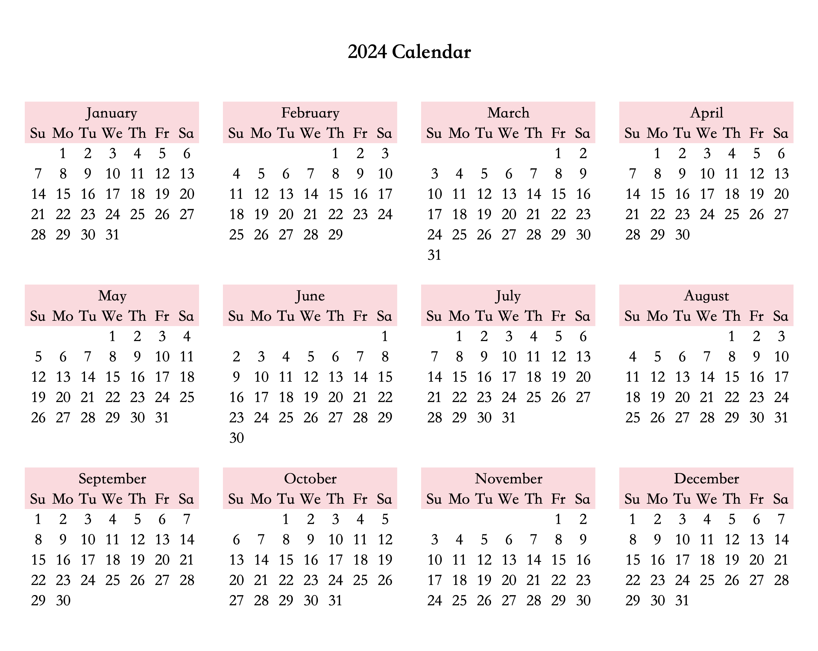 2024 calendar template pink pink